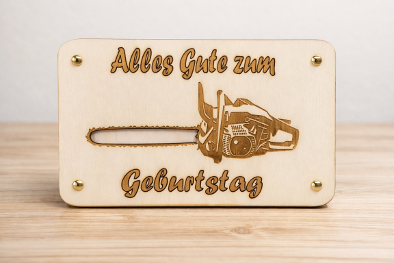 Holz‑Geschenk „Motorsäge Geburtstag“